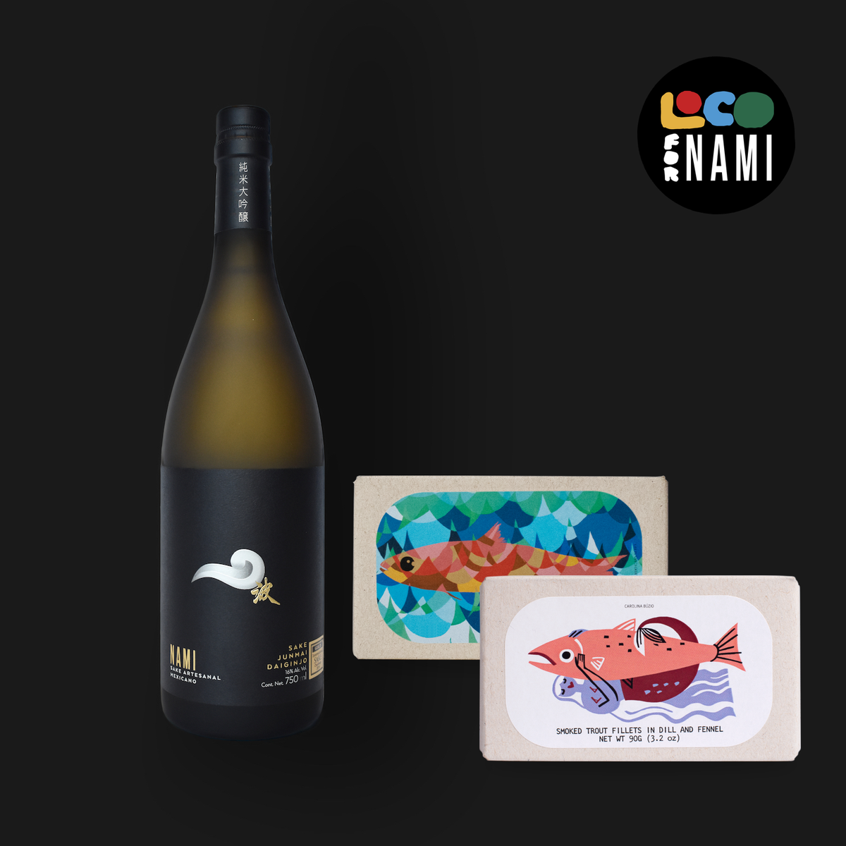 Kit Loco for Nami Junmai Daiginjo: sake Nami Junmai Daiginjo con sardinas y trucha ahumada con eneldo e hinojo de José Gourmet