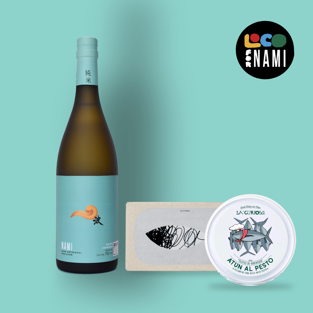 Kit Loco for Nami Junmai: sake Nami Junmai con macarelita ahumada de José Gourmet y ventresca de atún al pesto de La Curiosa