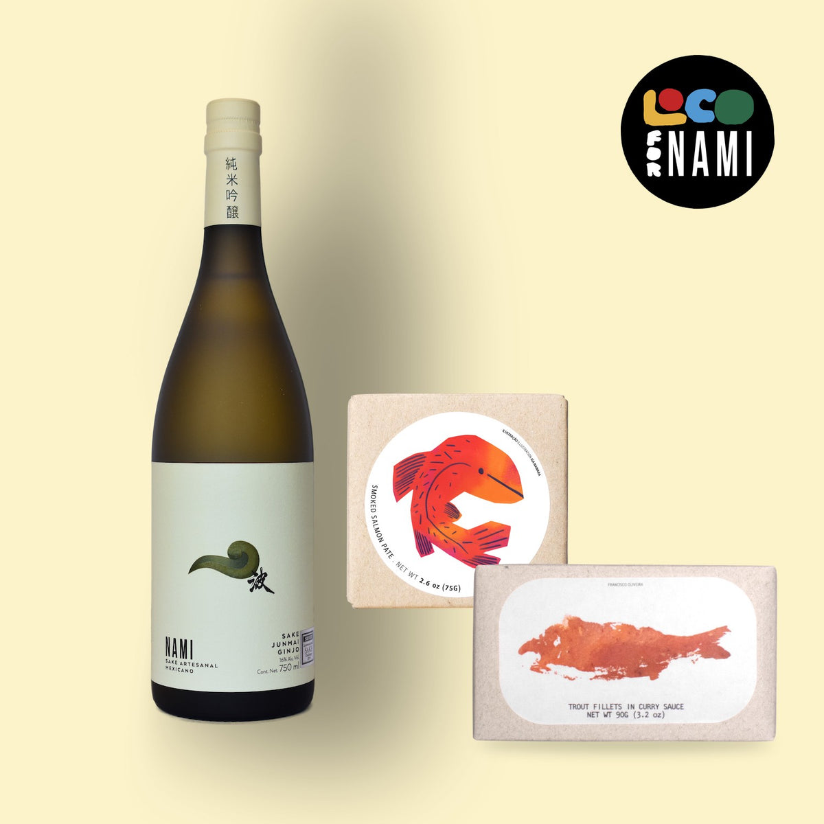 Kit Loco for Nami Junmai Ginjo: sake Nami Junmai Ginjo con paté de salmón ahumado y trucha al curry de José Gourmet