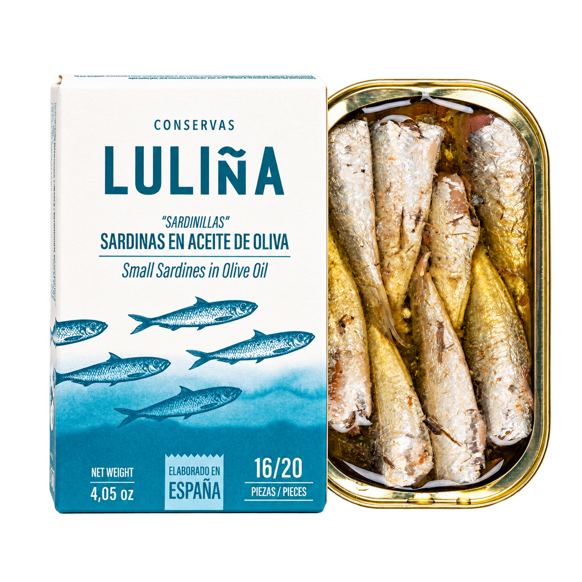 Sardinillas Luliña en aceite de oliva, 16/20 piezas, 115 g: caja y lata abierta